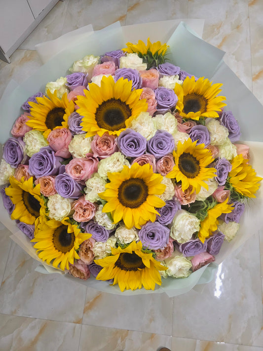 Golden Garden for Mom – Sunflower & Pastel Rose Bouquet