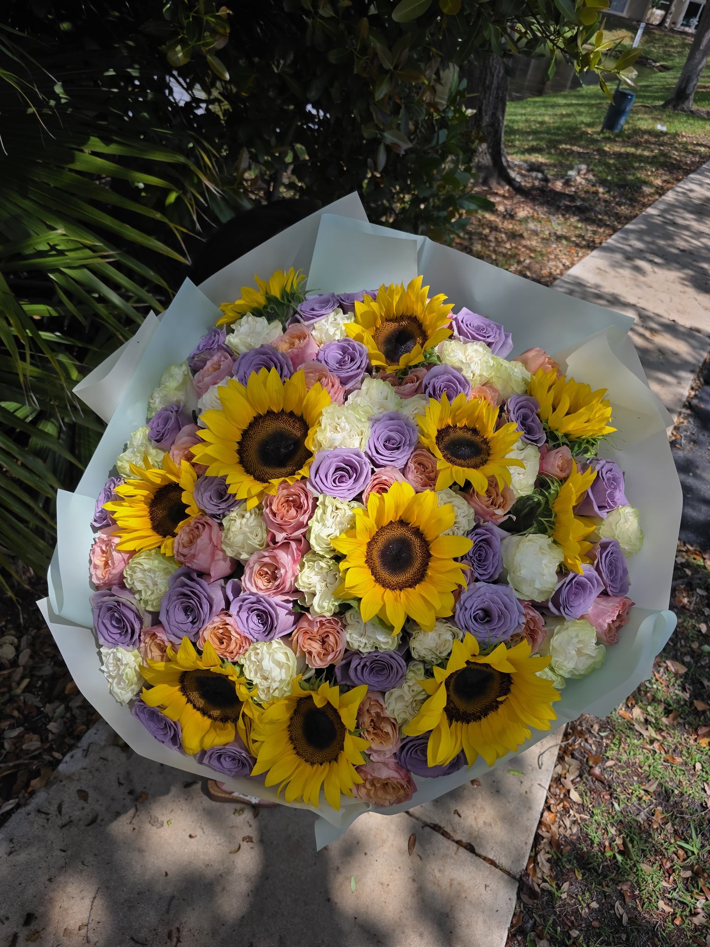 Golden Garden for Mom – Sunflower & Pastel Rose Bouquet