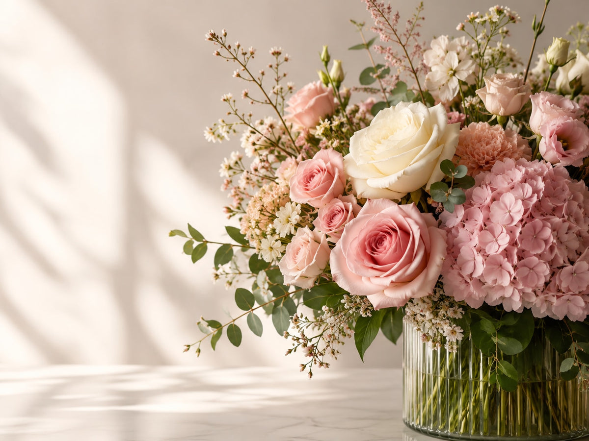 [Concept] Orchibellas homepage hero — blush and white rose, hydrangea and eucalyptus arrangement, styled for the site's main entrance banner