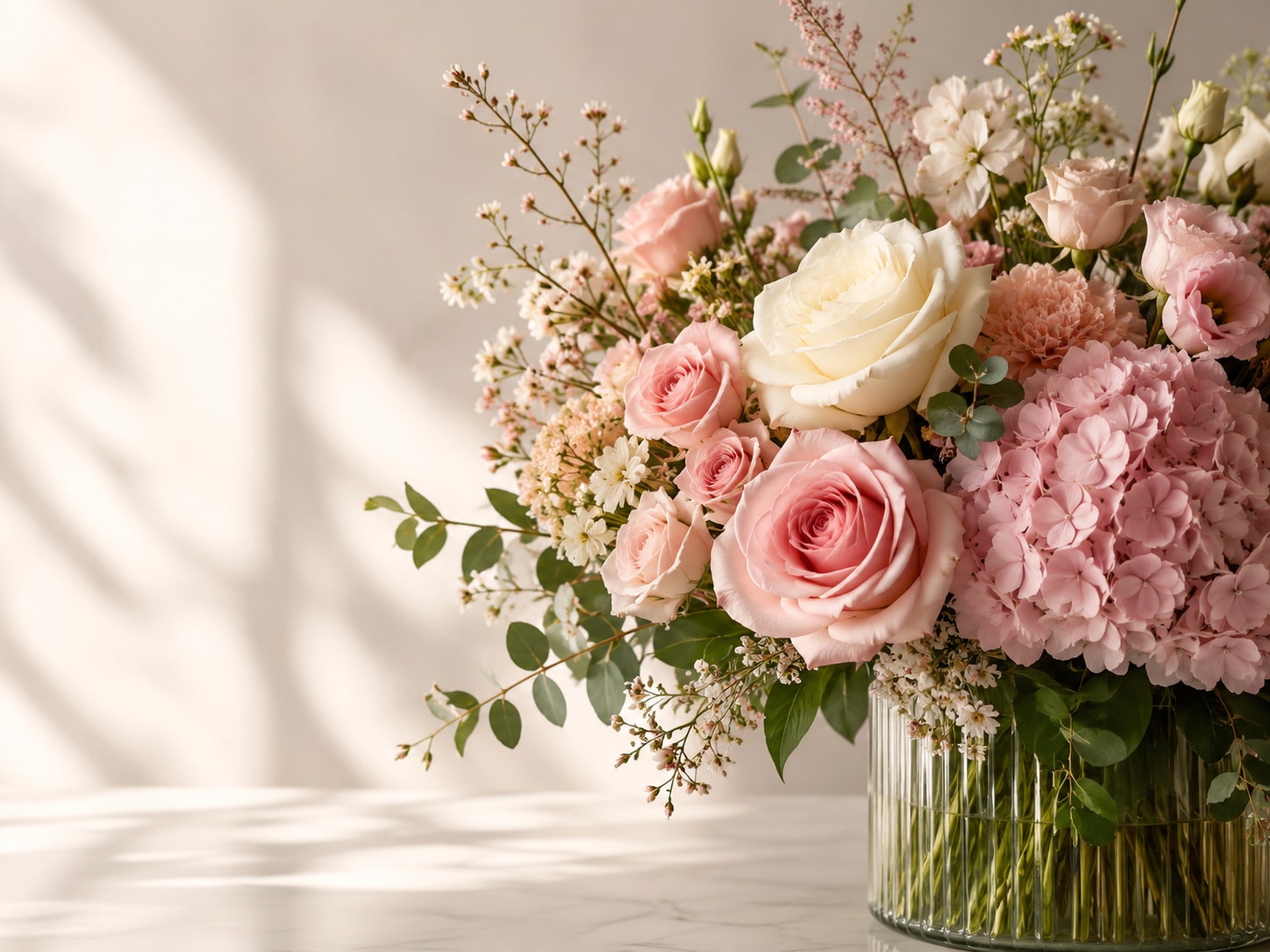 Soft pink roses and hydrangea arranged by Orchibellas