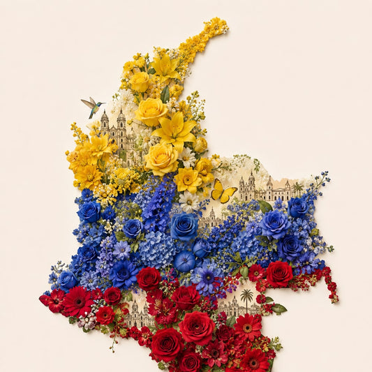 [Concept artwork] Colombia interpreted as a floral silhouette in yellow, blue and red — symbolic campaign art for the Send 1 Rose contribution