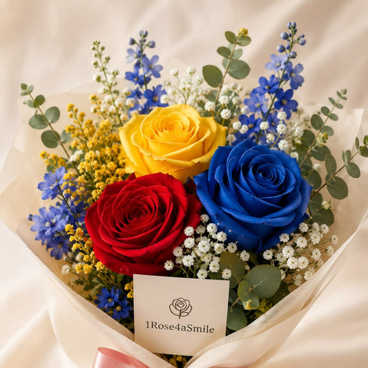 [Concept artwork] Three roses in Colombia's yellow, blue and red — symbolic campaign art for the Send 3 Roses contribution